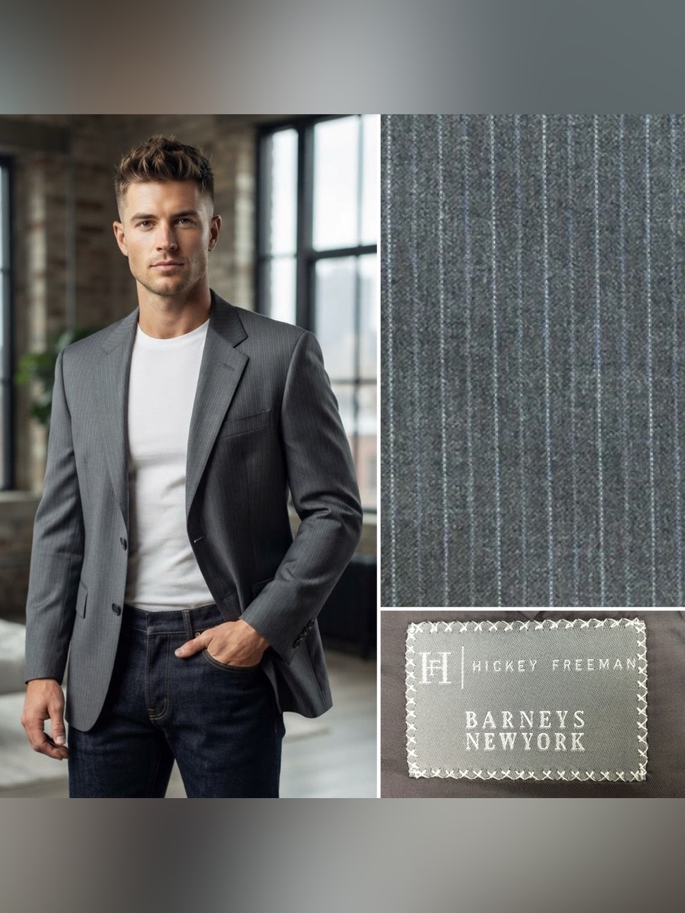 Hickey Freeman Men's 40R Madison Gray Pinstriped 100% Worsted Wool Blazer Jacket